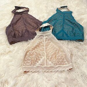 NWOT Set of 3 High Neck Lace Bralette White, Turquoise and Gray Size M